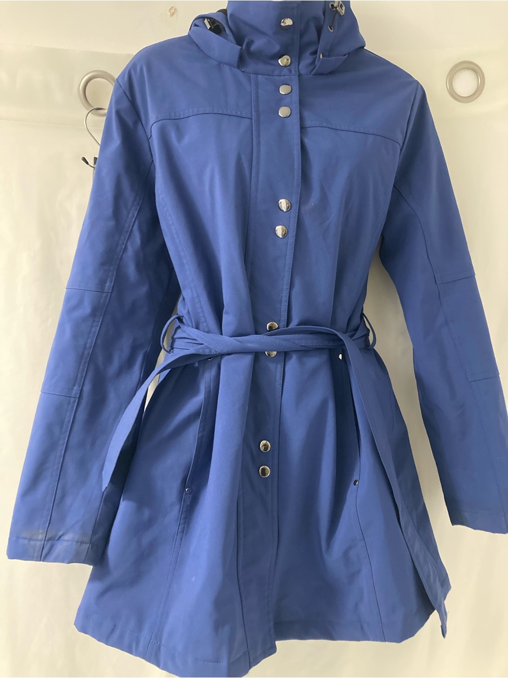 Kristen Blake Blue Hooded Belted Raincoat Trench Jacket L/G